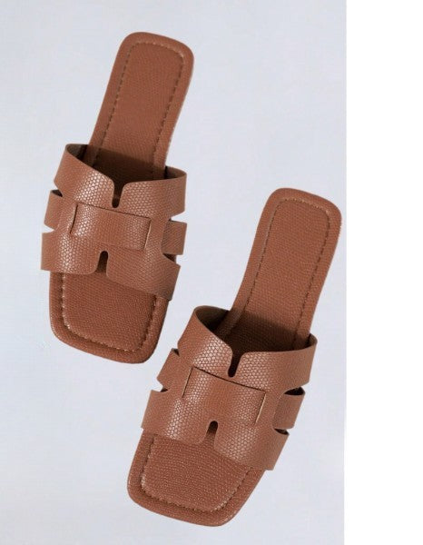 CAFE TAN FAUX LEATHER FLAT SLIP ON SLIDE SQUARE OPEN TOE SANDAL WITH WOVEN DESIGN