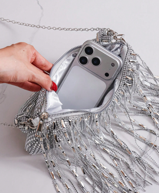 DASIA SILVER RINESTONE EVENING BAG WITH RHINESTONE SHOULDER STRAP BLINGY FRINGE AND OPTIONAL LONG CHAIN STRAP
