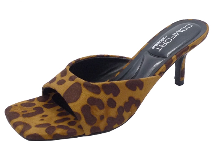 ELLIE-40 AG26 LEOPARD PRINT FAUX SUEDE SLIP ON MULE OPEN TOE KITTEN HEEL SANDAL