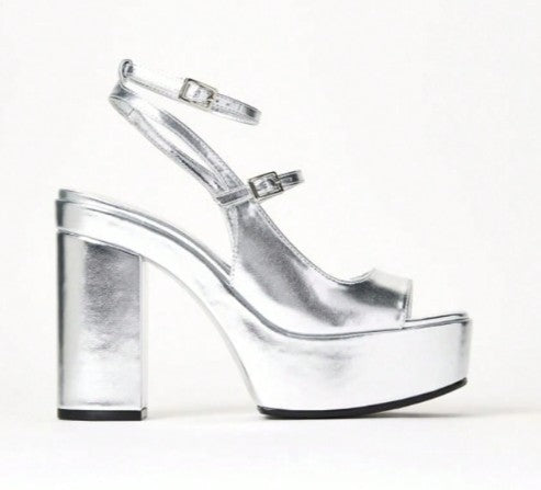 ELLIS SILVER CHUNKY PLATFORM Y2K OPEN TOE DOUBLE STRAP BLOCK HEELS
