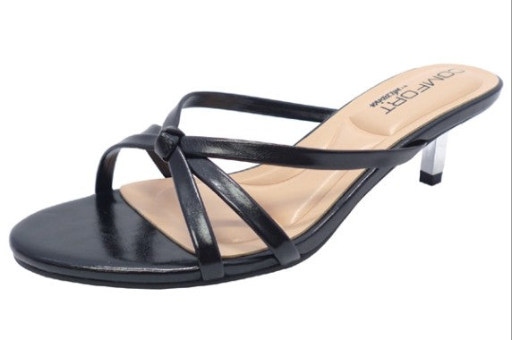 FINNA-01 BLACK PATENT LEATHER STRAPPY SLIP ON MULE KITTEN HEEL