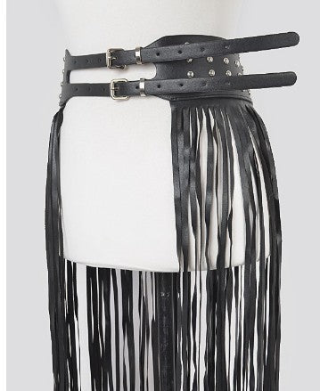 GET ALONG BLACK FAUX LEATHER FRINGE BELT WITH STUDS AND DOUBLE BUCKLE