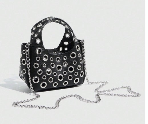 GWEN BLACK SMALL PURSE WITH PUNKY OPEN GROMMET DESIGN CARRY HANDLE AND CROSS BODY STRAP