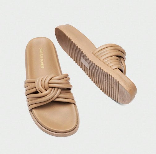 HEIDI TAUPE FAUX LEATHER LIFTED SLIP ON FLAT FLATFORM KNOT DESIGN SLIPPER SANDAL