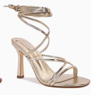 JENNA GOLD METALLIC STRAPPY OPEN TOE SLIGHTLY FLARED STILETTO HEEL WITH TIE UP STRAPS