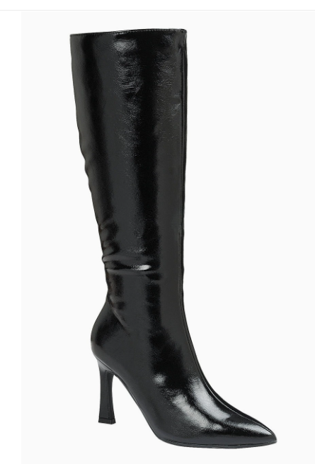 JUICE-15 BLACK SHINY FAUX LEATHER POINTY TOE KNEE HIGH BOOTS