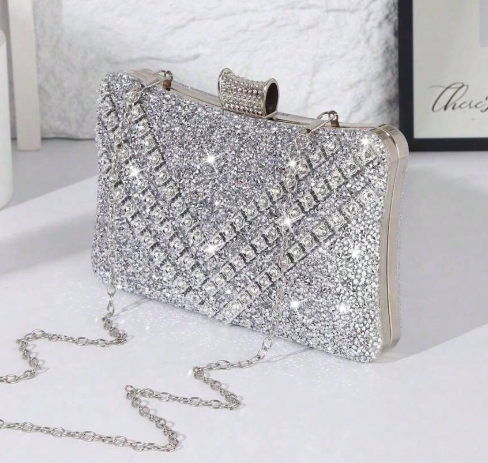 KACEY SILVER RHINESTONE COVERED RECTANGULAR HARD CASE EVENING BAG CLUTCH WITH RHINESTONE CLOSURE AND OPTIONAL SILVER CHAIN STRAP