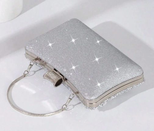 KACEY SILVER RHINESTONE COVERED RECTANGULAR HARD CASE EVENING BAG CLUTCH WITH RHINESTONE CLOSURE AND OPTIONAL SILVER CHAIN STRAP