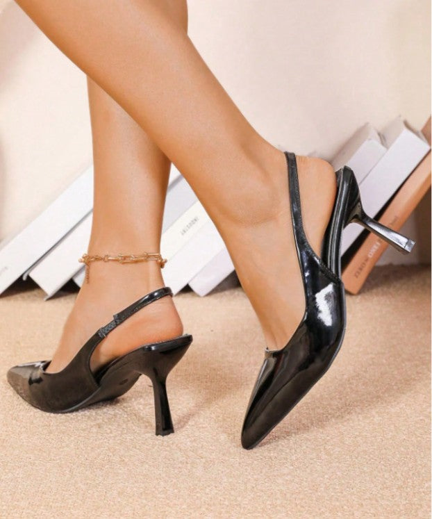 KAITLYN BLACK PATENT LEATHER SLING BACK POINTY TOE PUMP