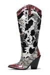 Pink Metallic Black White Multi Faux Cow Snake Zebra Cowboy Boot
- Knee High Colorblock Cowboy Boot
- Pointy Toe
- Cone Stacked Heel, Approx. 3"