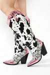 Pink Metallic Black White Multi Faux Cow Snake Zebra Cowboy Boot
- Knee High Colorblock Cowboy Boot
- Pointy Toe
- Cone Stacked Heel, Approx. 3"