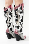 Pink Metallic Black White Multi Faux Cow Snake Zebra Cowboy Boot
- Knee High Colorblock Cowboy Boot
- Pointy Toe
- Cone Stacked Heel, Approx. 3"