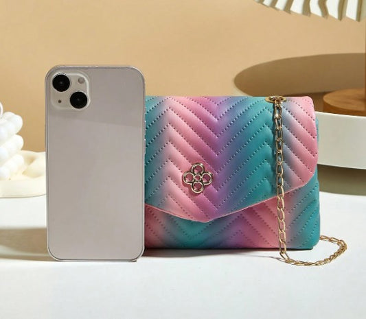 LENI MULTI COTTON CANDY PINK BLUE PURPLE SMALL BAG WITH GOLD CROSS BODY STRAP