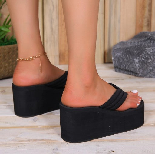 HOTNESS BLACK SPLIT TOE THONG FOAM BOTTOM WEDGE MULE SANDAL