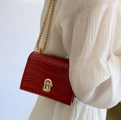 LIZETTE RED FAUX CROC MINI BAG WITH GOLD TURN LOCK AND GOLD CHAIN CROSS BODY STRAP (Copy)