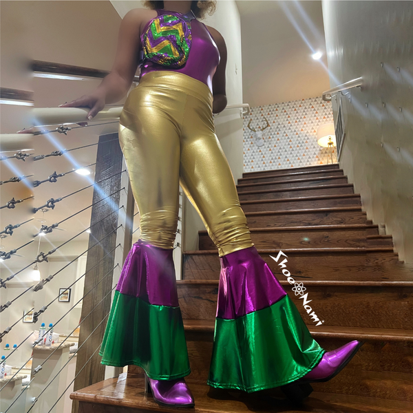METALLIC MARDI GRAS BELL BOTTOM LEGGINGS - ShoeNami