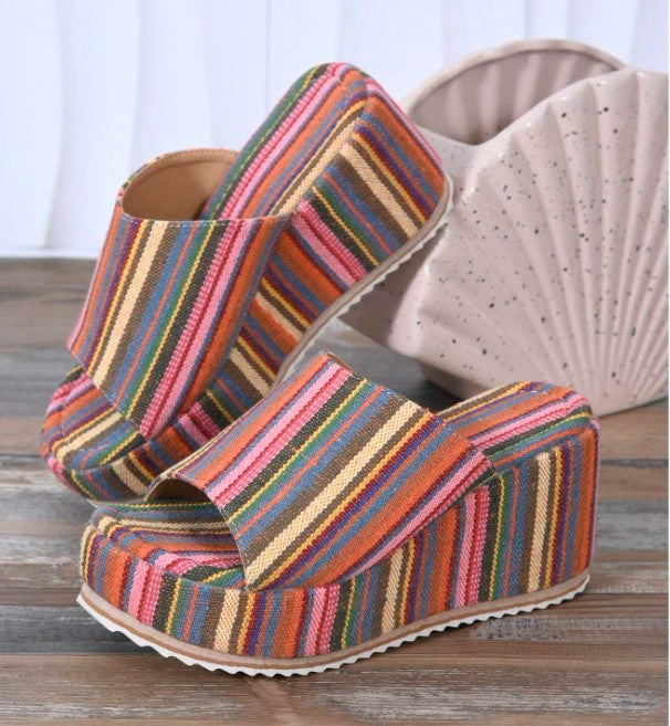MERIDA STRIPED COLORFUL OPEN TOE PLATFORM FLATFORM WEDGE SANDAL