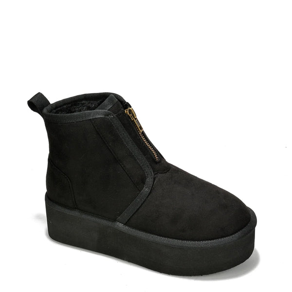 MIANE Black Faux Suede Zip Up Bootie - Faux Fur Lining