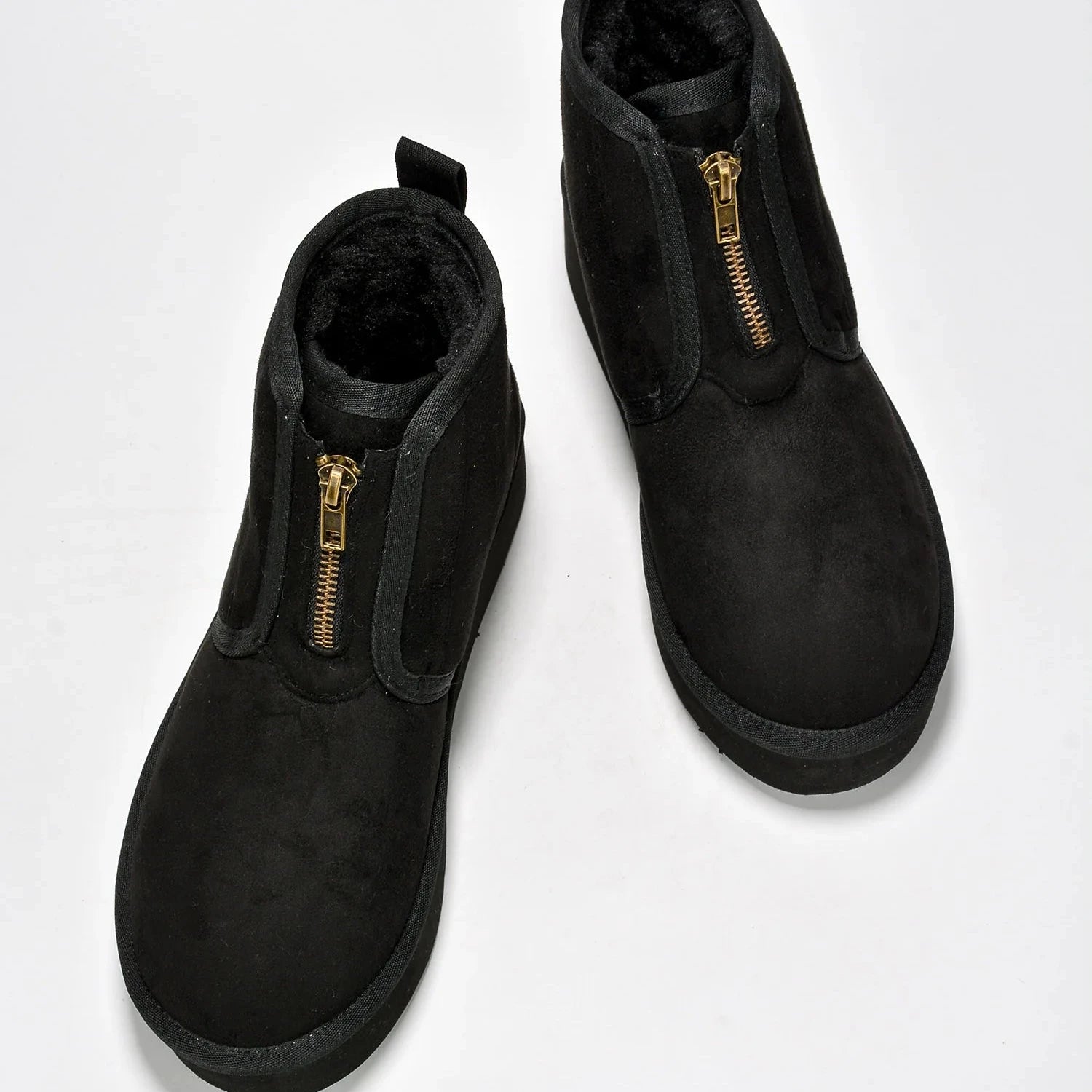 MIANE Black Faux Suede Zip Up Bootie - Faux Fur Lining