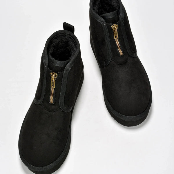 MIANE Black Faux Suede Zip Up Bootie - Faux Fur Lining