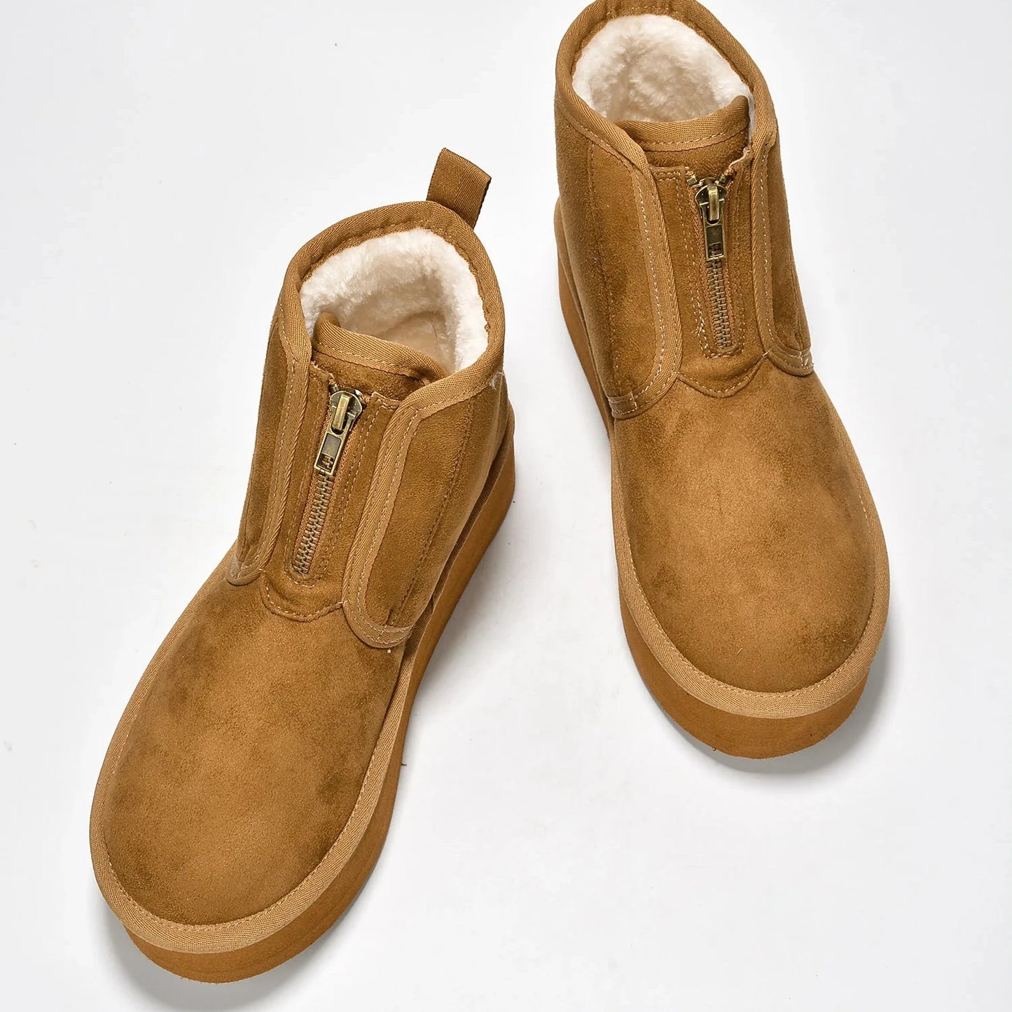 MIANE Camel Tan Faux Suede Zip Up Bootie - Faux Fur Lining