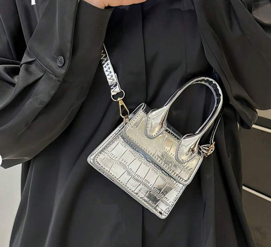 NEDRA SILVER EMBOSSED MINI BAG WITH CROSS BODY STRAP