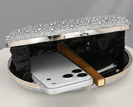 OONA SILVER RHINESTONE OVAL HARD CASE CLUTCH WITH OPTIONAL STRAP