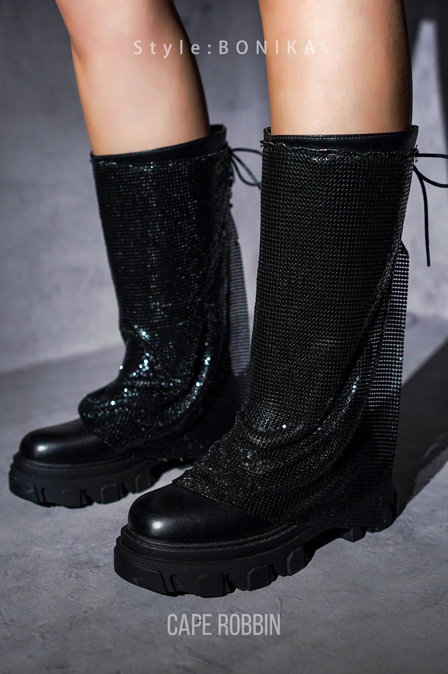 BONIKA Faux Leather Chainmail Sleeve Boot - Chunky Lug Sole & Heel, Approx. 2
