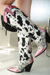 Pink Metallic Black White Multi Faux Cow Snake Zebra Cowboy Boot
- Knee High Colorblock Cowboy Boot
- Pointy Toe
- Cone Stacked Heel, Approx. 3"