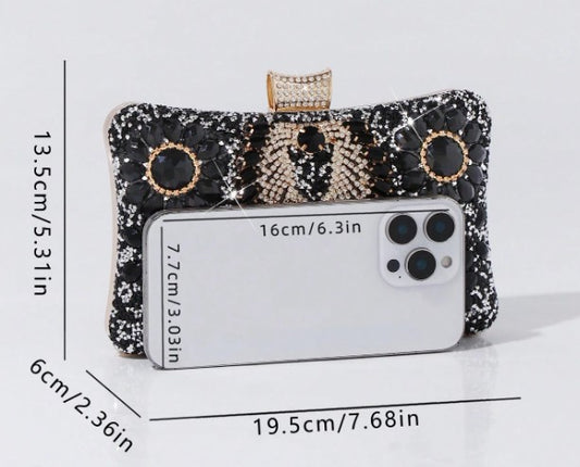 PALMA BLINGY CLUTCH WITH BLACK, GOLD AND CLEAR RHINESTONE BOTANICAL DESIGNS