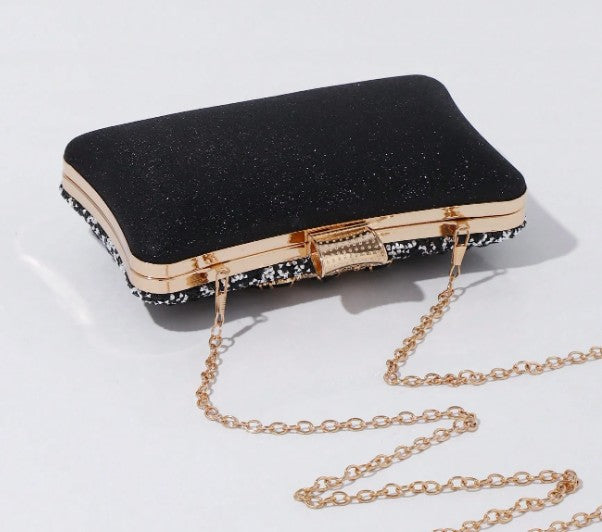 PALMA BLINGY CLUTCH WITH BLACK, GOLD AND CLEAR RHINESTONE BOTANICAL DESIGNS