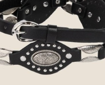 PATSY BLACK FAUX LEATHER WESTERN BELT WITH SILVER CONCHO DETAIL