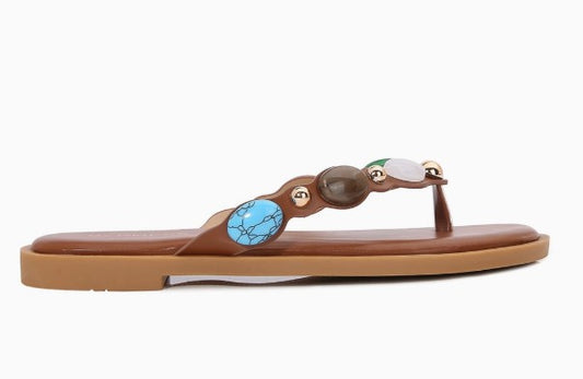 PHILA CAMEL FAUX LEATHER FLAT SLIP ON SLIDE SPLIT TOE THONG SANDAL WITH MULTICOLOR FAUX GEMSTONE DETAIL