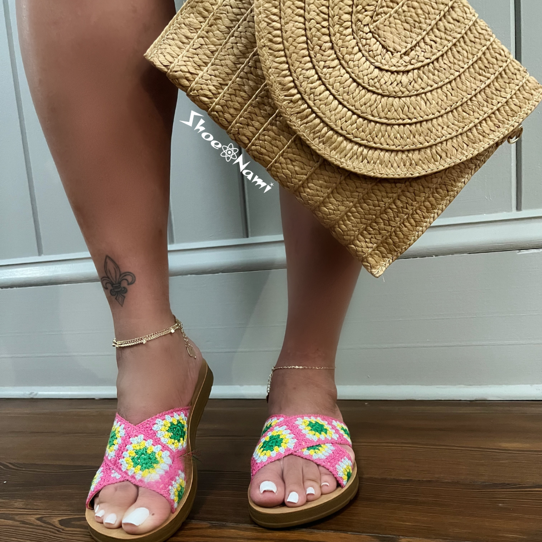 POLABUR-137 Pink Multi Crochet - Open Toe - Criss Cross Straps - Slip-On Slide - Whole Sizes Only