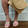 POLABUR-137 Pink Multi Crochet - Open Toe - Criss Cross Straps - Slip-On Slide - Whole Sizes Only