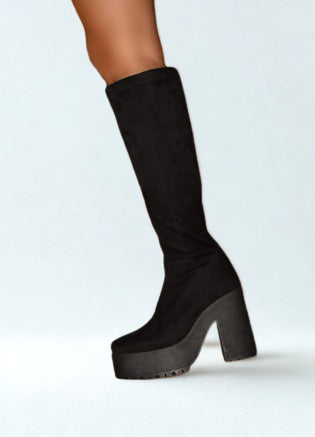 POLAND-04 BLACK FAUX SUEDE KNEE HIGH RUGGED SOLE CHUNKY PLATFORM BOOTS