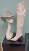 EVERYWHERE-3 white
- White Faux Leather Cowboy Boot
- Rhinestone Detail
- Pointy Toe Thigh High
- Cone Stacked Heel, Approx. 3.5"