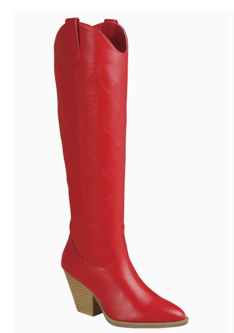 RIVER-17 RED FAUX LEATHER KNEE HIGH POITY TOE CLASSIC COWBOY BOOTS WITH TONE ON TONE STITCHING
