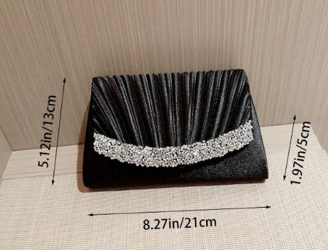 SERINA BLACK SATIN PLEATED CLUTCH WITH SILVER JEWEL ENCRUSED TRIM AND OPTIONAL CHAIN STRAP