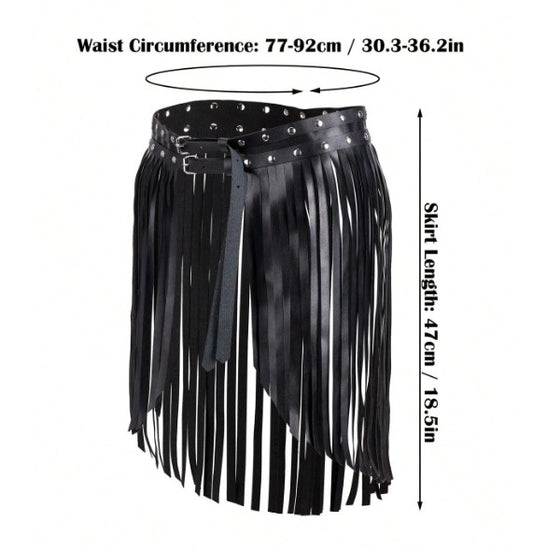 OVER YONDER BLACK FAUX LEATHER FRINGE BELT WITH STUDS AND DOUBLE BUCKLE