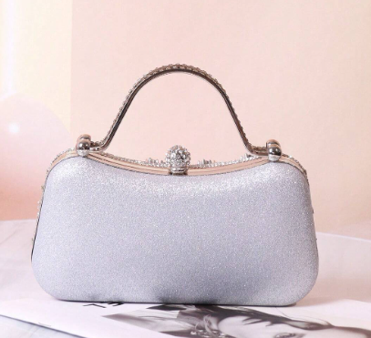 JACY SILVER RHINESTONE COVERED HARD CASE EVENING BAG WITH RHINESTONE HANDLE AND OPTIONAL SILVER CHAIN STRAP