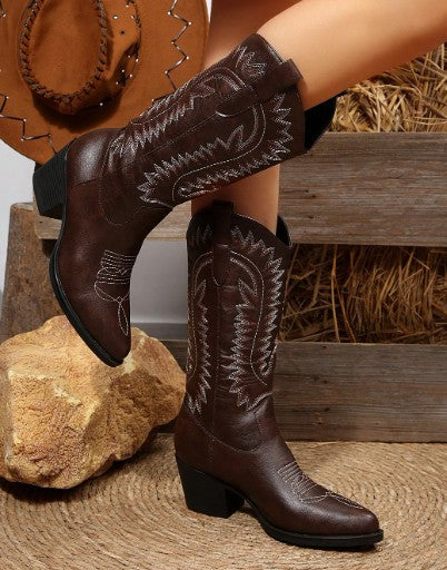 UMA BROWN COWBOY BOOT WITH CONTRAST STITCHING