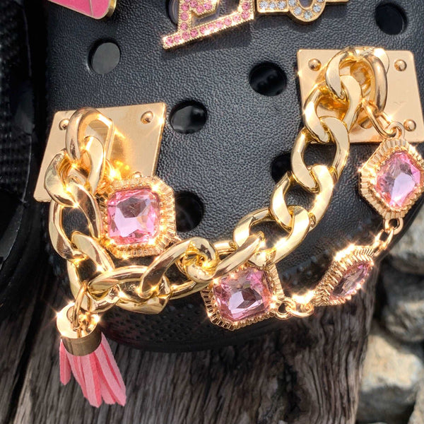 CHAIN SHOE CHARMS - GOLD HEAVY CHAIN PINK GEMS TASSEL - ShoeNami