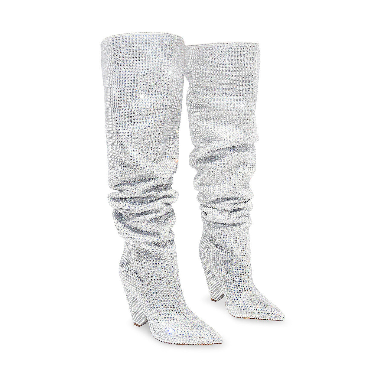 Liliana NANO-1 Silver
- Silver Rhinestone Encrusted Boots
- Over the Knee Thigh High Slouch Boots
- Pointy Toe
- Tapered Cone Heel, Approx. 4