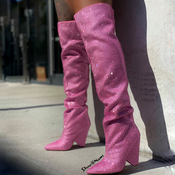 Liliana NANO-1 pink
- Pink Rhinestone Encrusted Boots
- Over the Knee Thigh High Slouch Boots
- Pointy Toe
- Tapered Cone Heel, Approx. 4"
- Also Available in Nude, Black, Silver