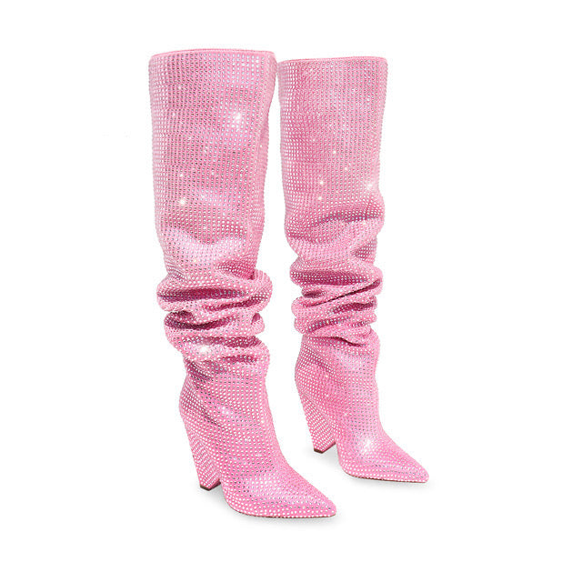 Liliana NANO-1 pink
- Pink Rhinestone Encrusted Boots
- Over the Knee Thigh High Slouch Boots
- Pointy Toe
- Tapered Cone Heel, Approx. 4