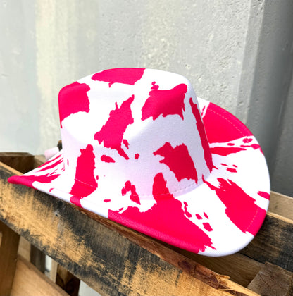 PLAINS HOT PINK AND WHITE FAUX WOOL COW PRINT COWBOY HAT