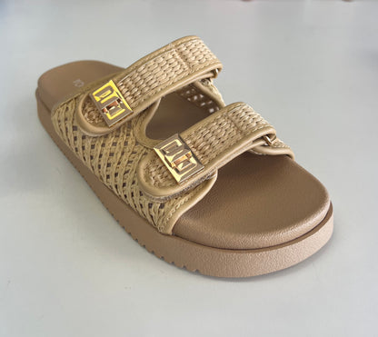 LYON-56 natural tan

- Beige Tan Open Weave Natural Raffia Sandal
- Open Toe
- Double Strap
- Slip On
- Flatform Sole, Approx. 1"