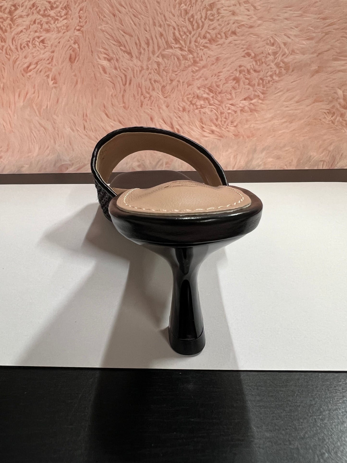 MARY-101 Black Woven Raffia Kitten Heel Open Toe Mule