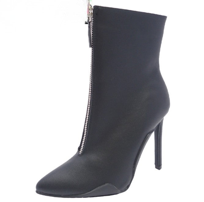 SHYY-02 BLACK FAUX LEATHER POINTY TOE STILETTO BOOTIE WITH FRONT ZIPPER